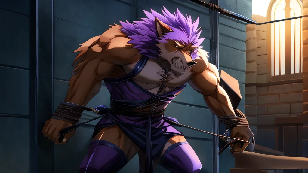 The werewolf with light purple hair is tied up with his upper body exposed,Standing,Panic,Exquisite,Athletic,Anthropomorphic,High degree of animalization,Furry Station,Stand by the wall,Tied,Handsome,male,Anime style,huge,Incapable of action,Hands tied,panicked,Helpless
