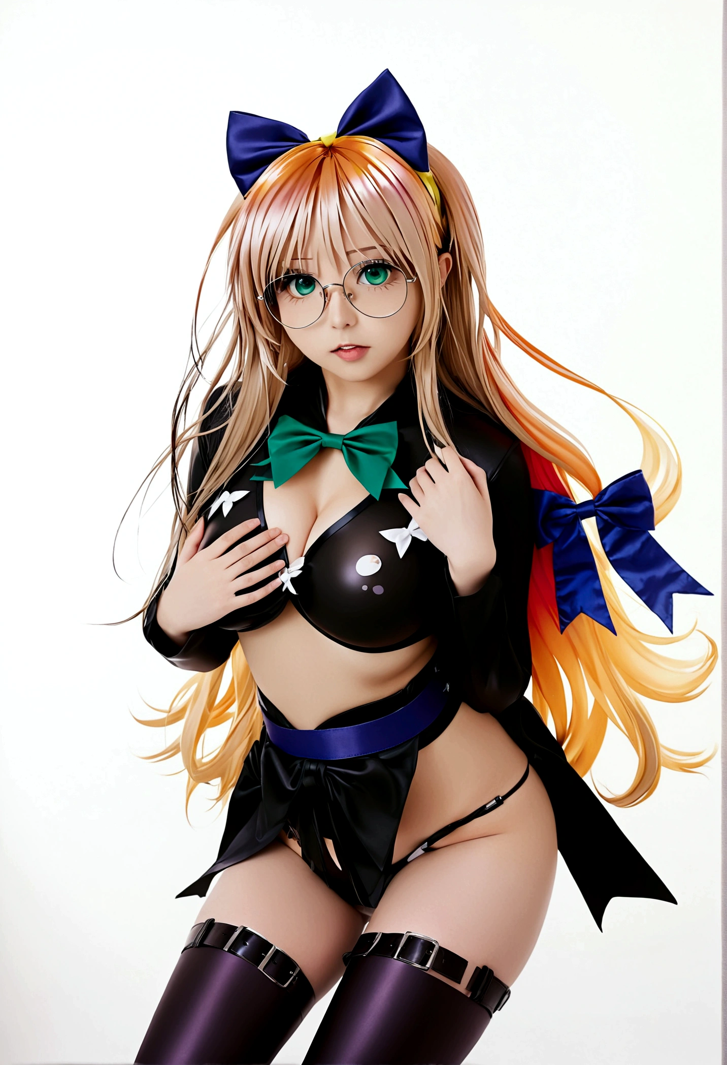 1girl, solo, long hair, breasts, looking at viewer, blush, open mouth, blonde hair, large breasts, simple background, white background, bow, bare shoulders, very long hair, green eyes, hair bow, detached sleeves, glasses, belt, covered nipples, cosplay, clothing cutout, thigh strap, low-tied long hair, konjiki no yami