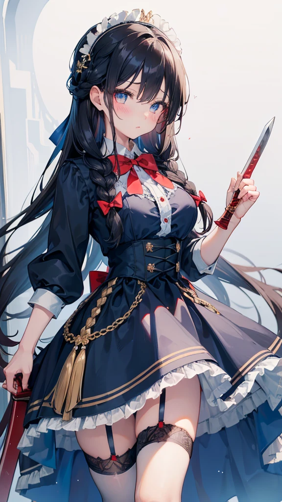 Black-haired girl，Indifferent girl，Golden pupils，Black long hair，braid，braid，脑后braid，Lolita skirt，Blue Lolita Dress，Lolita style，Blue Skirt，Blue Skirt，Blue Skirt，Blue Skirt，蓝白Lolita skirt，Blue Dress，Blue Dress，Red bow tie，Red bow tie，Red bow tie，Red bow tie，Red bow tie，单条braid，单条braid，短braid，Repressive style，Garter stockings，Garter stockings，Garter stockings，Big breasts，Great Sword，手持Great Sword，手持Great Sword，Great Sword