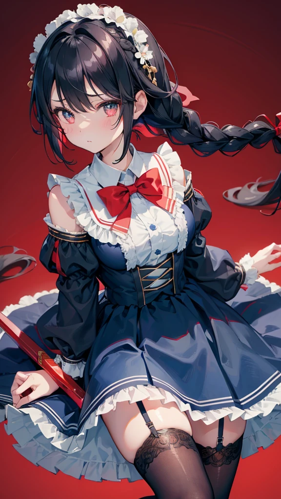 Black-haired girl，Indifferent girl，Golden pupils，Black long hair，braid，braid，脑后braid，Lolita skirt，Blue Lolita Dress，Lolita style，Blue Skirt，Blue Skirt，Blue Skirt，Blue Skirt，蓝白Lolita skirt，Blue Dress，Blue Dress，Red bow tie，Red bow tie，Red bow tie，Red bow tie，Red bow tie，单条braid，单条braid，短braid，Repressive style，Garter stockings，Garter stockings，Garter stockings，Big breasts，Great Sword，手持Great Sword，手持Great Sword，Great Sword