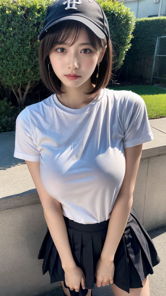 masterpiece, best quality, illustration, Super detailed, fine details, High resolution, 8K,wall paper, perfect dynamic composition,(Details High quality, realistic depiction of eyes:1.3), baseball cap, earrings, (white t-shirt), (black pleated skirt), short bob hair, black hair color, Big Natural Color Lip, sexy pose, (perfect body shape), crying a little、cold gaze, Harajuku style、20 year old girl、cute type、lolita, hposing Gravure Idol, full body photo、focus on crotch, huge breasts