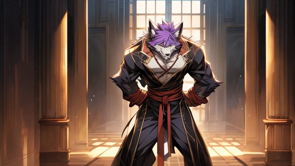 The werewolf with light purple hair is tied up with his upper body exposed，Standing，Panic，Exquisite，Athletic，Anthropomorphic，High degree of animalization，Furry Station，Stand by the wall，Tied，Handsome，male，Anime style，huge，Incapable of action，Hands tied，panicked，Helpless