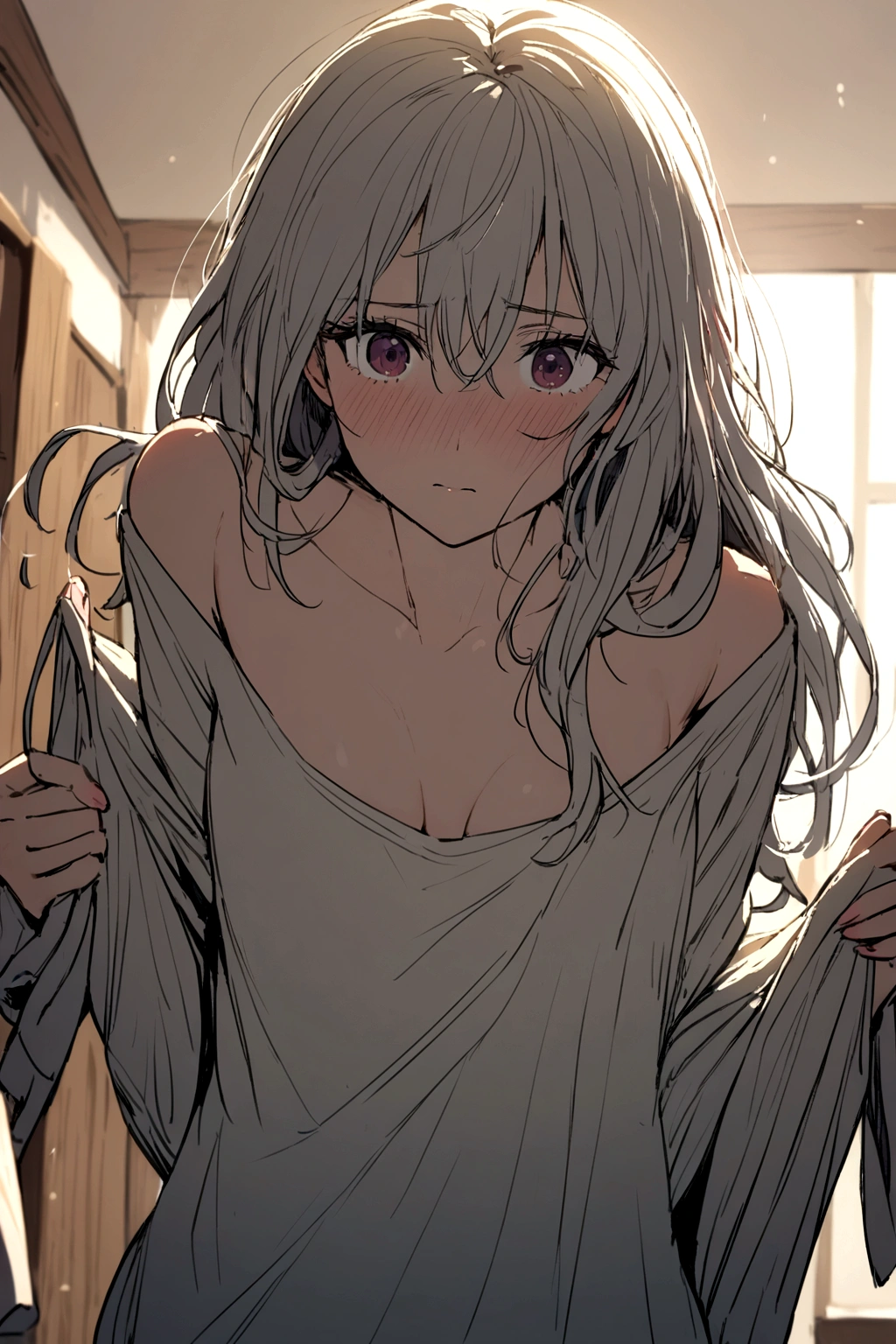 Perfect anime illustration, 1girl, slim, , medium length curly hair, white dress, laying down, arms up, armpits, ((armpit details)), ((smooth armpits)), closed eyes, upper side view,