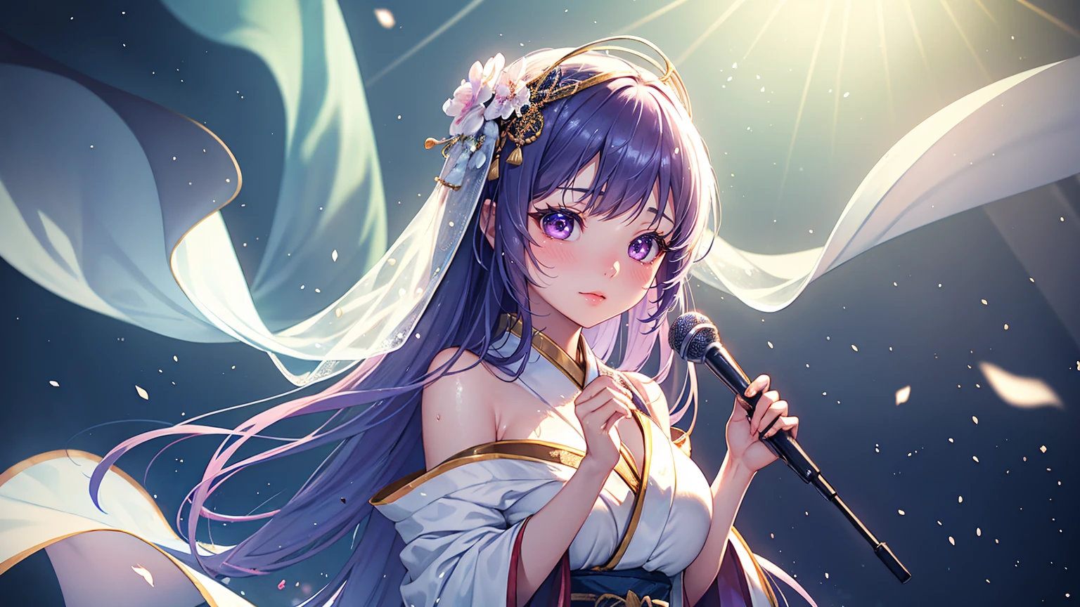 A 20-year-old Japanese idol with a delicate and beautiful face, large eyes, and translucent skin is singing on stage in an idol's costume and with an enchanting expression on her face. A gentle, warm light surrounds her. The background is filled with soft out-of-focus light, and the pale blue and purple tones create a dreamy, serene, and enchanting atmosphere. Sweat glistens and surrounds her, enhancing the fantastic and ethereal atmosphere. 