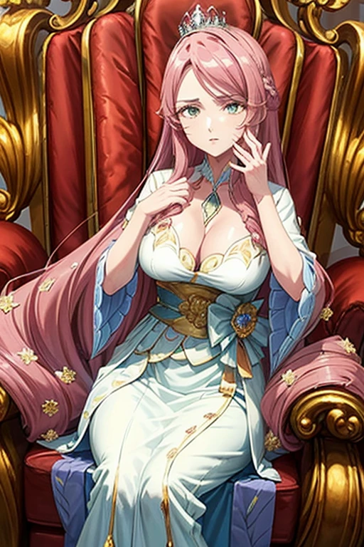 A majestic queen, crowned with a diamond and pearl tiara, sits on his ebony throne. Her hair flows like threads of gold, framing a serene and powerful face. His eyes, the color of sapphire, They exude wisdom and determination. She wears a crimson velvet dress, embroidered with silver threads and floral motifs. at your side, a golden scepter rests on a velvet cushion. The throne room is illuminated by crystal chandeliers that sparkle like stars in the night. The dark red velvet curtains sway gently in the breeze coming through the tall windows.. the Queen, symbol of power and grace, rule with justice and compassion, protecting his people and ensuring their well-being. Her presence radiates authority and beauty, and everyone admires her with reverence.