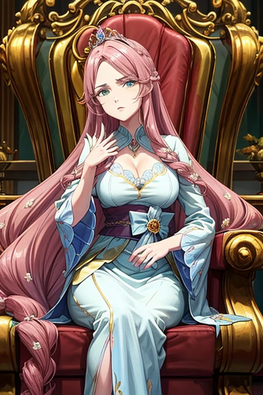 A majestic queen, crowned with a diamond and pearl tiara, sits on his ebony throne. Her hair flows like threads of gold, framing a serene and powerful face. His eyes, the color of sapphire, They exude wisdom and determination. She wears a crimson velvet dress, embroidered with silver threads and floral motifs. at your side, a golden scepter rests on a velvet cushion. The throne room is illuminated by crystal chandeliers that sparkle like stars in the night. The dark red velvet curtains sway gently in the breeze coming through the tall windows.. the Queen, symbol of power and grace, rule with justice and compassion, protecting his people and ensuring their well-being. Her presence radiates authority and beauty, and everyone admires her with reverence.