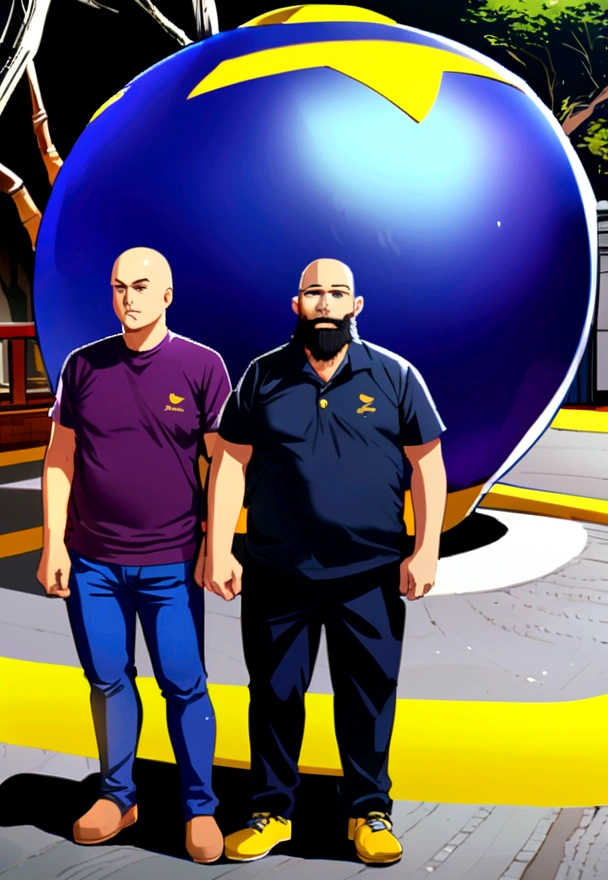 three men standing, the one on the right is chubby, bald and has a beard, the one in the middle is thin and tall with a cap, the one on the left is thin and tall