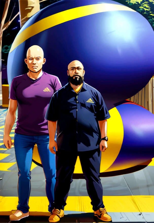 three men standing, the one on the right is chubby, bald and has a beard, the one in the middle is thin and tall with a cap, the one on the left is thin and tall
