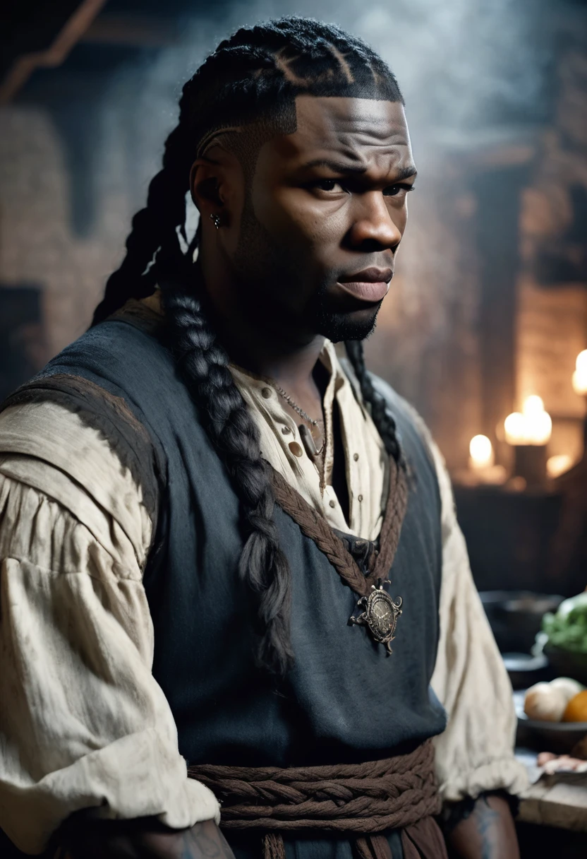 1 man, inside a medieval kitchen, wearing common medieval clothing, detailed facial features, dark and masculine eyes, detailed dark black skin, long messy dark black hair in small braids, strong expression, dramatic lighting, cinematic composition, cold color palette and dark, atmospheric fog, strong chin, virile man, singer 50cent's skin tone (best quality, 4K, 8K, high resolution, art: 1.2), ultra-detailed, (realistic, photorealistic, photorealistic: 1.37)