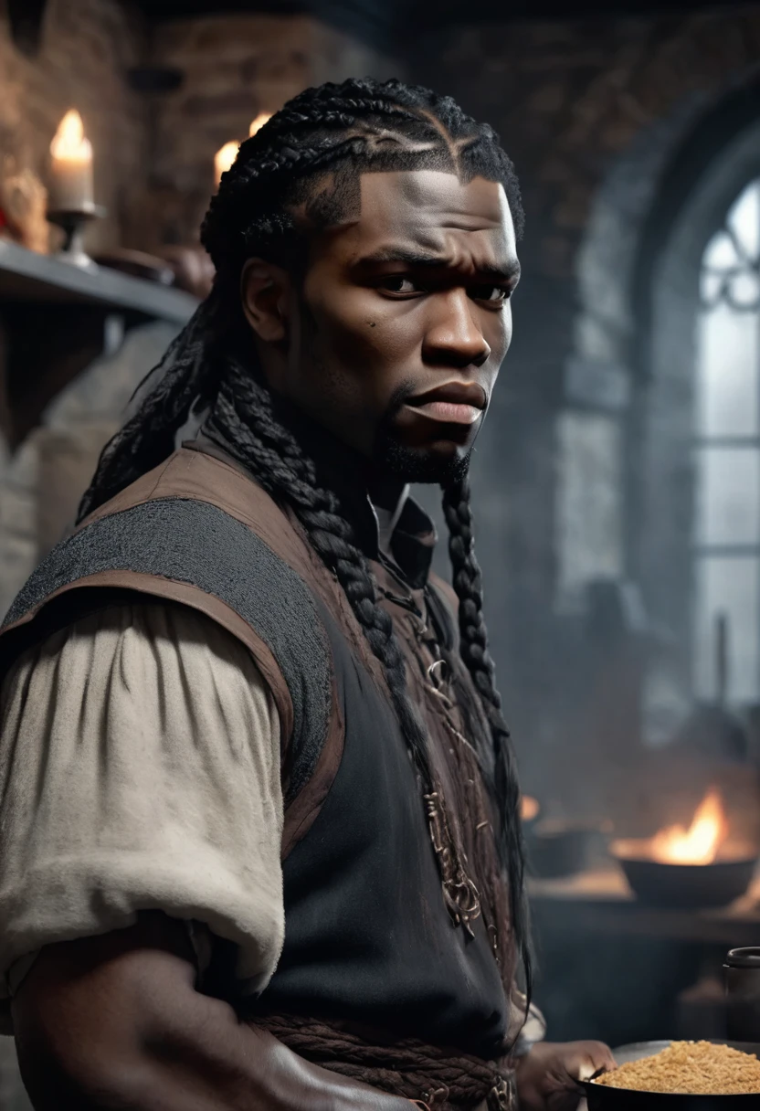 1 man, inside a medieval kitchen, wearing common medieval clothing, detailed facial features, dark and masculine eyes, detailed dark black skin, long messy dark black hair in small braids, strong expression, dramatic lighting, cinematic composition, cold color palette and dark, atmospheric fog, strong chin, virile man, singer 50cent's skin tone (best quality, 4K, 8K, high resolution, art: 1.2), ultra-detailed, (realistic, photorealistic, photorealistic: 1.37)