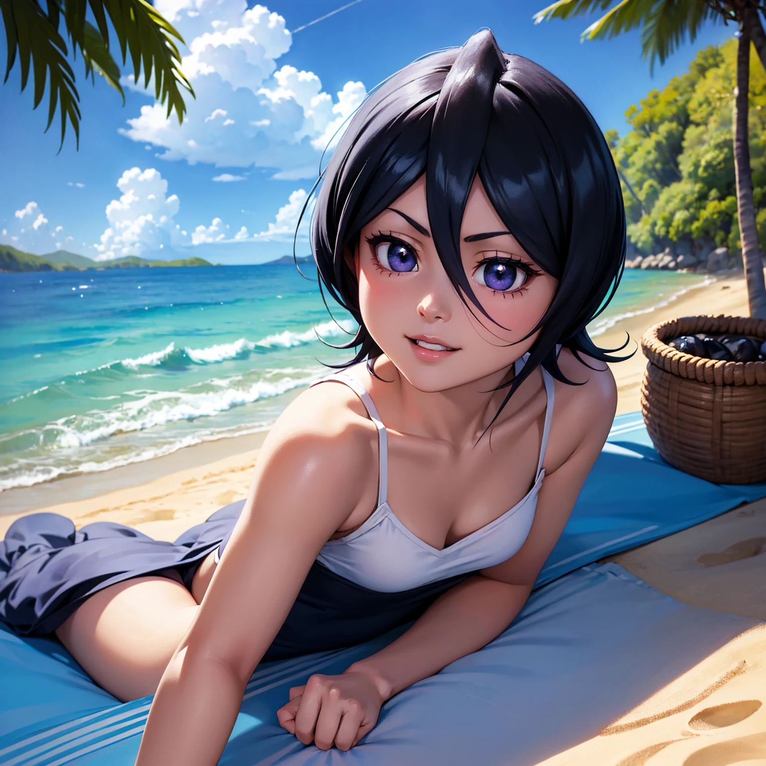 ((Ultra detailed work)) , ((vivid colors sun lighting)) , ((face detailed)) , ((body detailed)) a young beautiful girl lying on the beach with a beautiful smile. Rukia Kuchiki