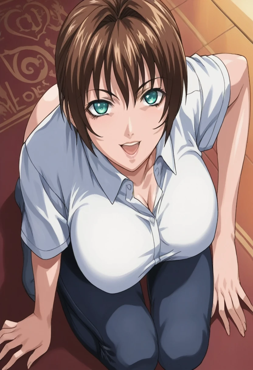 score_9, score_8_up, source_anime Bibl3, tomboy, tanned skin, brown hair, short hair, huge breasts, wide hips, viewed from above, soft smile, empty eyes, relaxed expression, hypnotized, open mouth, looking at viewer, full lips, vivid lips, detailed eyes, clothes on floor, big ass, ass focus, pretty girl,