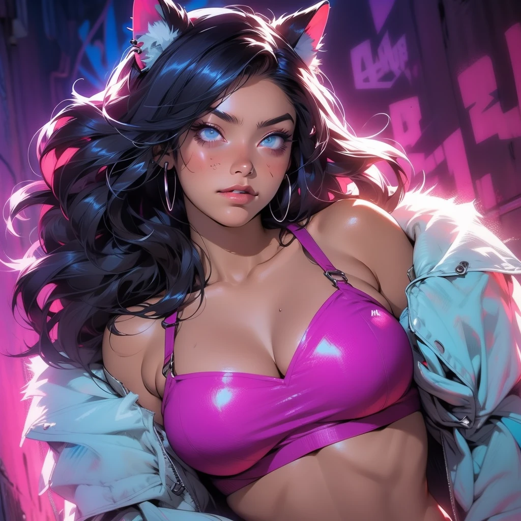 Ultra HD, anime realistic. Badass South Asian girl with short, windblown black hair and piercing electric blue eyes. Smirking confidently, she leans against a graffiti-covered wall in a neon-lit cyberpunk alleyway. Clad in a black tactical outfit with exposed arm guards, she grips a glowing katana at her side.