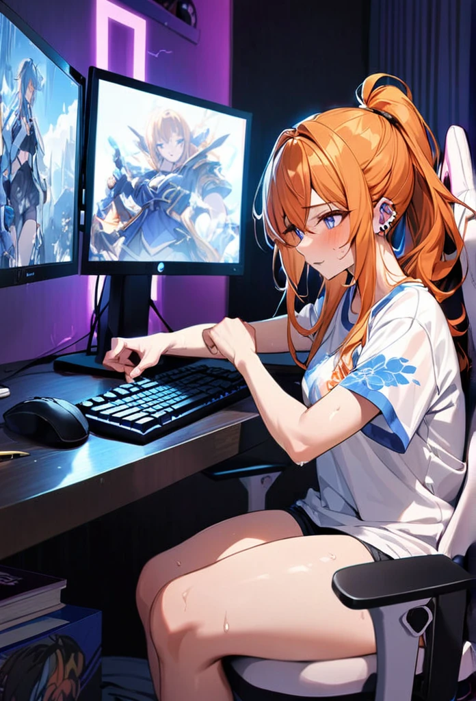 20 year old female, long orange hair, messy hair, ponytail, perfect eyes, perfect blue irises, perfect pupils, thick thighs, oversized shirt, black shorts, many ear piercings, sweaty, passionate, competitive, playing video game, otaku bedroom, sitting in gaming chair, not looking, highly detailed, best detail, best hands, right forearm tattoo, perfect tattoo, perfect hands, perfect fingers, perfect anatomy, behind screen, high quality, hands on keyboard and mouse