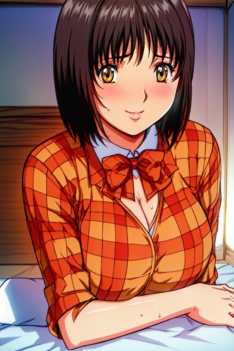 Dimly lit room,blush,A seductive smile, ,long sleeves,white shirt, red bowtie, plaid skirt, 
yellow eyes, black hair,bangs,lying bed,White steam,Invite your audience to bed,Thin quilt,Lift the quilt,Cleavage,(sweaty clothes),short hair,
1 girl, 20yo,Young female,Beautiful long legs,Beautiful body,
Beautiful Nose,Beautiful character design, perfect eyes, perfect face,expressive eyes,perfect balance,
looking at viewer,(Focus on her face),closed mouth, (innocent_big_eyes:1.0),(Light_Smile:0.3),(full body:1.4),
official art,extremely detailed CG unity 8k wallpaper, perfect lighting,Colorful, Bright_Front_face_Lighting,White skin,
(masterpiece:1.0),(Best_quality:1.0), ultra high res,4K,ultra-detailed,
photography, 8K, HDR, highres, absurdres:1.2, Kodak portra 400, film grain, blurry background, bokeh:1.2, lens flare, (vibrant_Farbe:1.2),professional photograph,
(Beautiful,large_Breasts:1.4), (beautiful_face:1.5),(narrow_waist),