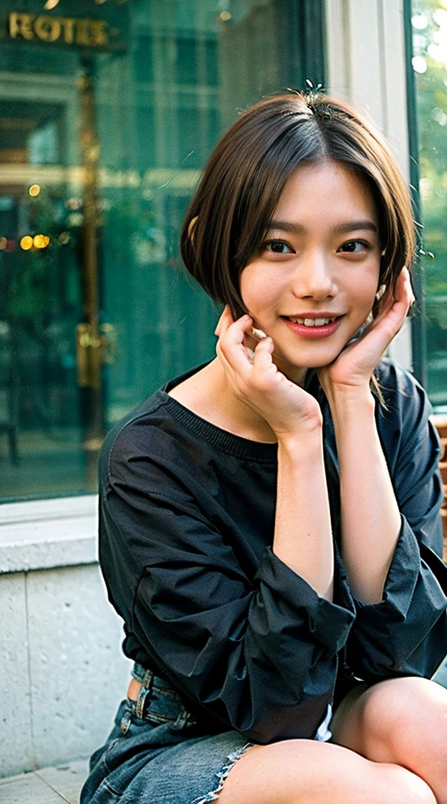 (Small Tits), (18-year-old), (very small head), dawn, sunlight, (Perfect body:1.1), (8K), (Very delicate and beautiful), (Highest quality:1.0), (Realistic), Realistic Shadows, (High resolution:1.0), Detailed skin, Very detailed, the body is slim, (Beautiful Hair, Real Hair, Thinning hair), blush, Realistic, Realistic Face, Realistic eyes, Small eyes, smile, (eyeliner), (mascara), (eye shadow), whole body、Open leg pose、Nipples、naked、Thick pubic hair、Bobcut