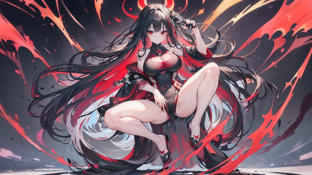 (Exquisite eyes),(Clear and beautiful eyes:1.61),masterpiece, ung girl,(Black clothes and some red gems), Black long hair, (She has a huge red gem on her chest), Good Hand,((The Havoc of StarCraft)),full-body shot,Fighting Stance,(Red Eyes:1.466),short and small,(Very big 5),(Pretty Face),(full-body shot:1.33),Beautiful hands