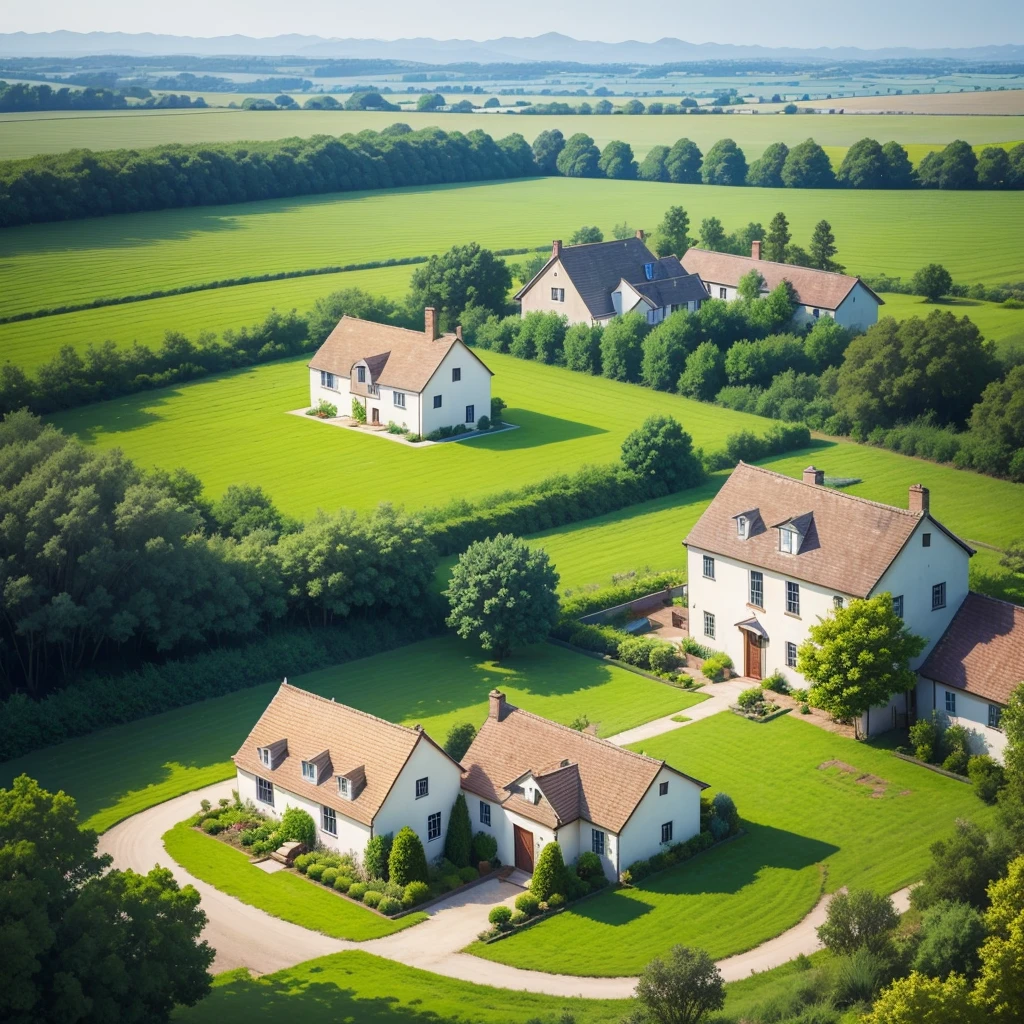 house in the countryside, low pasture, fruit trees, Beautiful and flowery garden