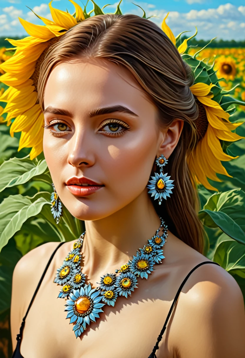 a painting of a woman in a sunflower field with a necklace and earrings, inspired by andrey ryabovichev, inspired by Andrey Esionov, beautiful digital artwork, beautiful digital painting, gorgeous digital painting, detailed painting 4 k, stunning digital painting, by andrey ryabovichev, detailed beautiful portrait, beautiful digital illustration, detailed beauty portrait