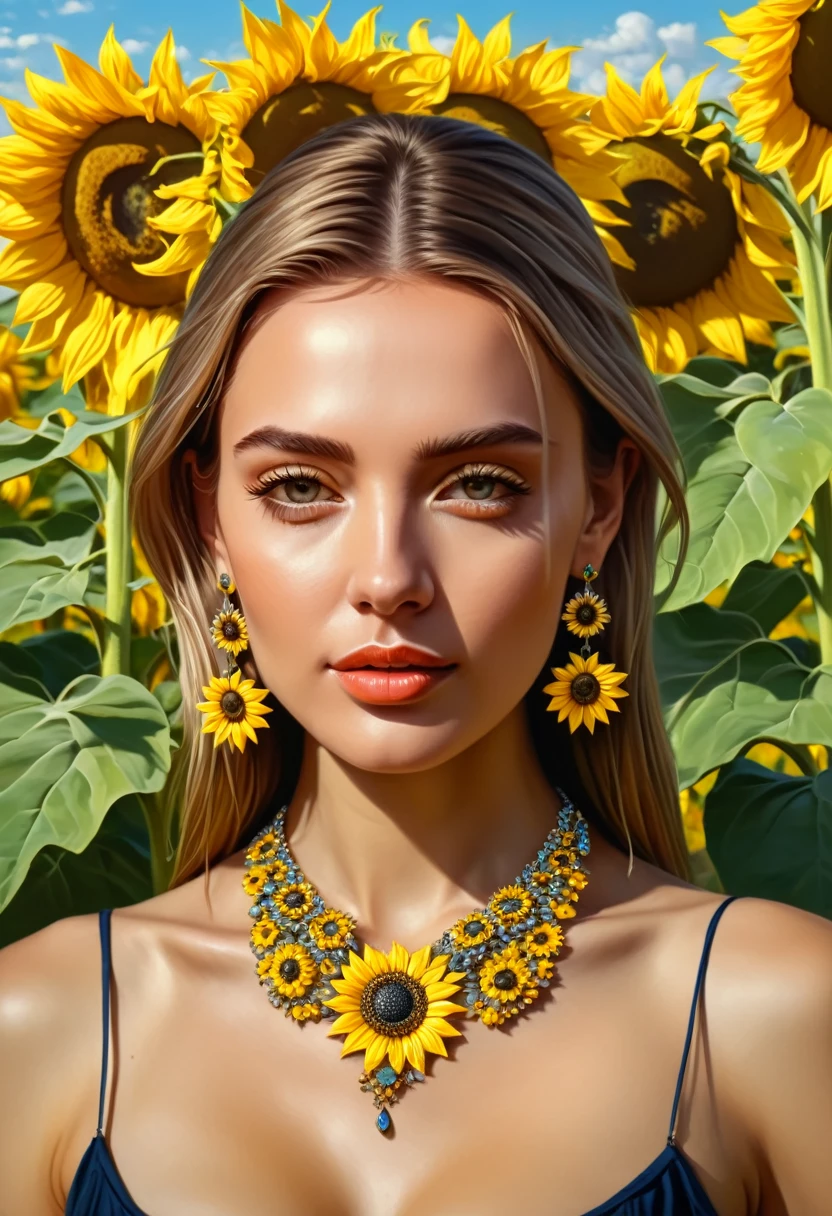 a painting of a woman in a sunflower field with a necklace and earrings, inspired by andrey ryabovichev, inspired by Andrey Esionov, beautiful digital artwork, beautiful digital painting, gorgeous digital painting, detailed painting 4 k, stunning digital painting, by andrey ryabovichev, detailed beautiful portrait, beautiful digital illustration, detailed beauty portrait