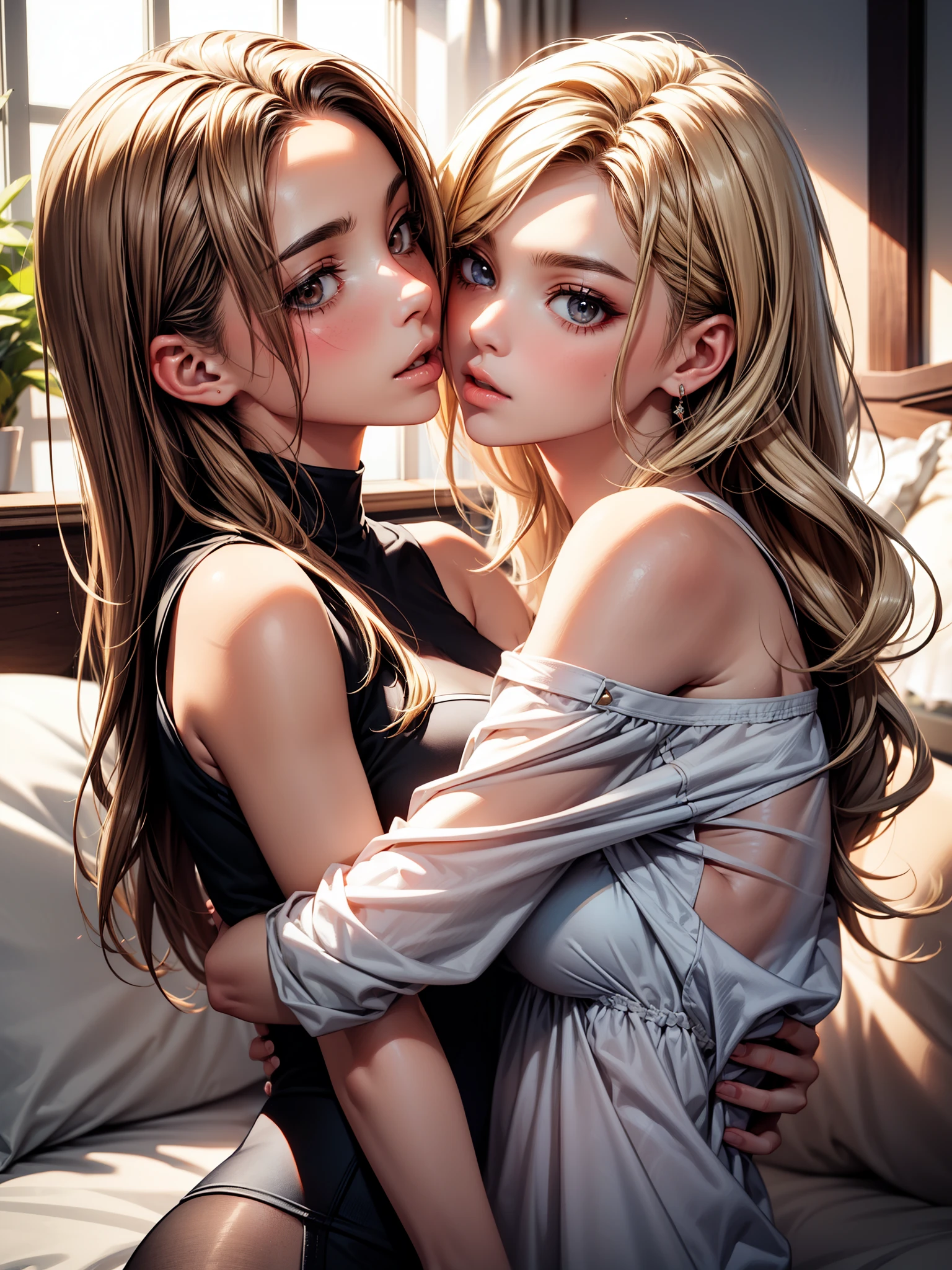 Female lover in kissing, 2 lady, naked shirt female kissing in the bed, press to bed and kiss, (SFW) Work, kissing together cutely, Girls Love Art, OPPEIN, Slightly saggy big breasts, small breasts, (((Extra long blonde wavy hair))), (((Brown shoulder-length straight hair))), (girl love hug), (girl love kiss), /touch her clothes, /touch her breasts, The mouth is very detailed, detailed face, beautiful face, real detail skin, safe for work version, Octane Render, detailed background,