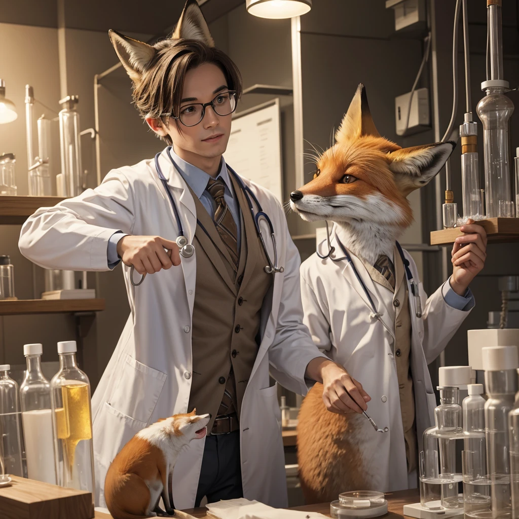 A fox dressed as a doctor and experimenting on laboratory mice.