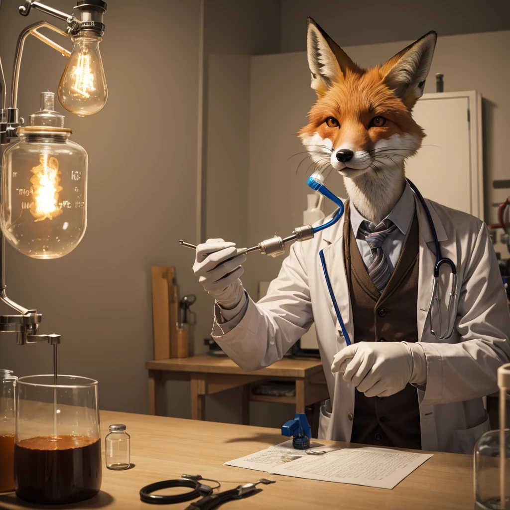 A fox dressed as a doctor and experimenting on laboratory mice.