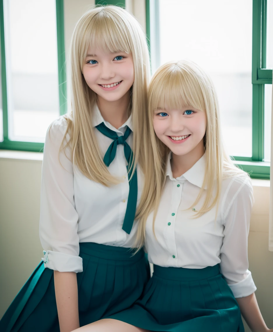 Blonde age girl with pale bangs, soft, silky hair, blue-green eyes, smiling, taking a photo in her American high school classroom, wearing her , a black blouse and a short blue skirt