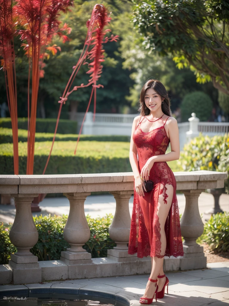 最high quality, 8K, Masseter area, Energetic, Clear focus, high quality, high resolution, Delicate face, Fine particles, thick lips, (Looking at the audience), Solitary, Beautiful woman, 20 years old, Plum, Black long hair, (Water red spaghetti strap lace dress:1.5),In front of the park garden,(Standing in the park:1.5)、((Smile:1.5))、((Wearing black high heels)),Tall