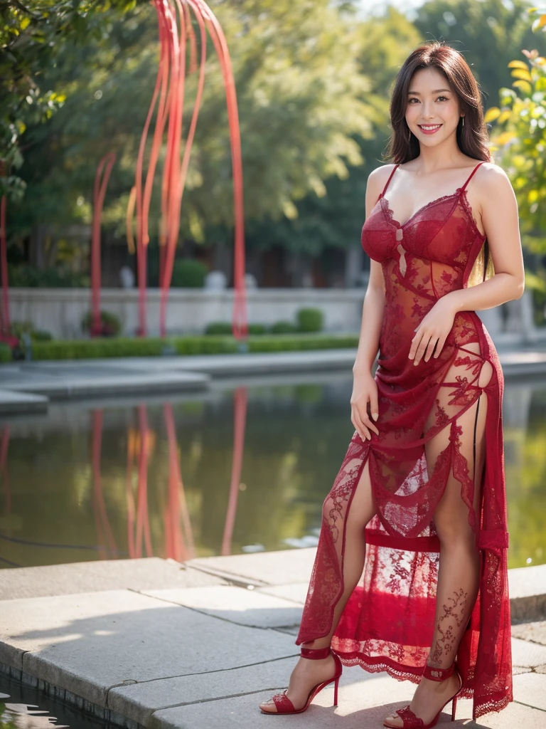 最high quality, 8K, Masseter area, Energetic, Clear focus, high quality, high resolution, Delicate face, Fine particles, thick lips, (Looking at the audience), Solitary, Beautiful woman, 20 years old, Plum, Black long hair, (Water red spaghetti strap lace dress:1.5),In front of the park garden,(Standing in the park:1.5)、((Smile:1.5))、((Wearing black high heels)),Tall