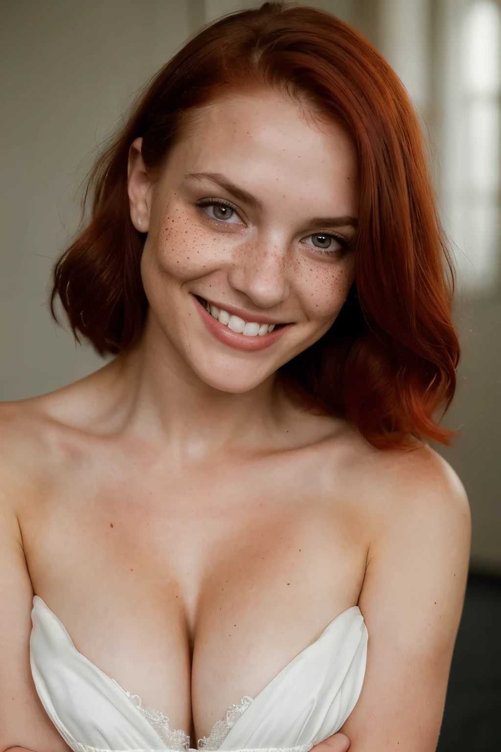 lovely, average looking woman, smiling, White teeth, gown, (looking at the camera:1.4), (highest quality), (Best Shadow), Intricate detailing, Inner, Red hair:1.3, dark studio, muted colors, freckles, upper body, Strapse, Socks, nsfw