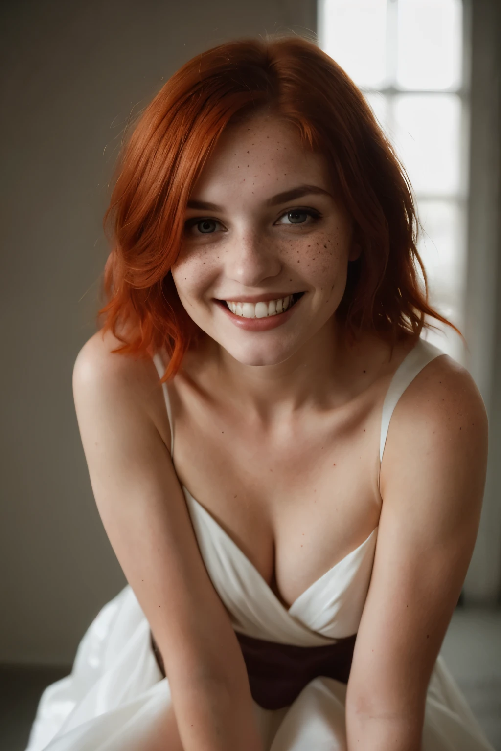 lovely, average looking woman, smiling, White teeth, gown, (looking at the camera:1.4), (highest quality), (Best Shadow), Intricate detailing, Inner, Red hair:1.3, dark studio, muted colors, freckles, upper body, Strapse, Socks, nsfw