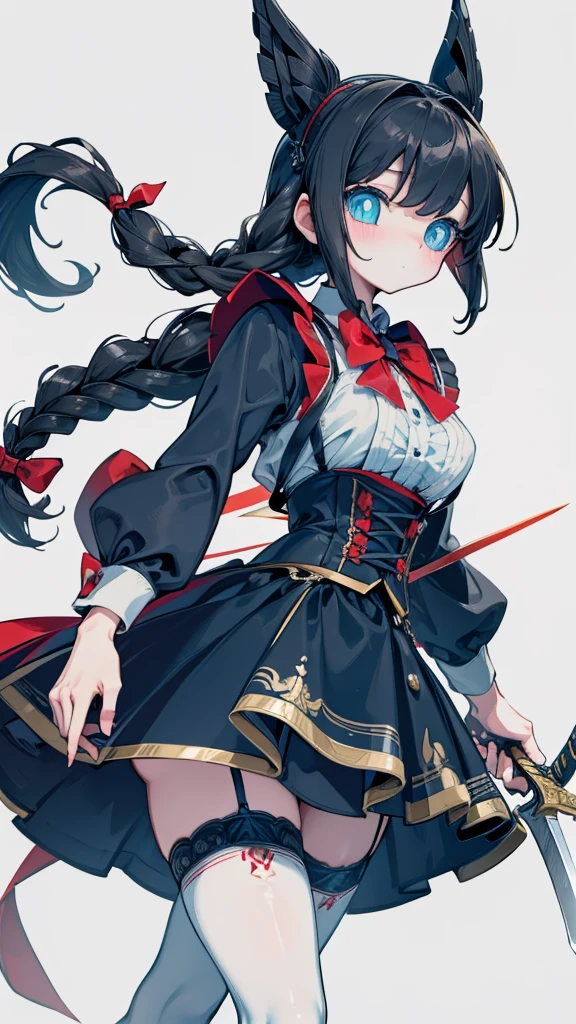 Black-haired girl，Indifferent girl，Golden pupils，Black long hair，braid，braid，脑后braid，Lolita skirt，Blue Lolita Dress，Lolita style，Blue Skirt，Blue Skirt，Blue Skirt，Blue Skirt，蓝白Lolita skirt，Blue Dress，Blue Dress，Red bow tie，Red bow tie，Red bow tie，Red bow tie，Red bow tie，单条braid，单条braid，短braid，Repressive style，Garter stockings，Garter stockings，Garter stockings，Big breasts，Great Sword，手持Great Sword，手持Great Sword，Great Sword