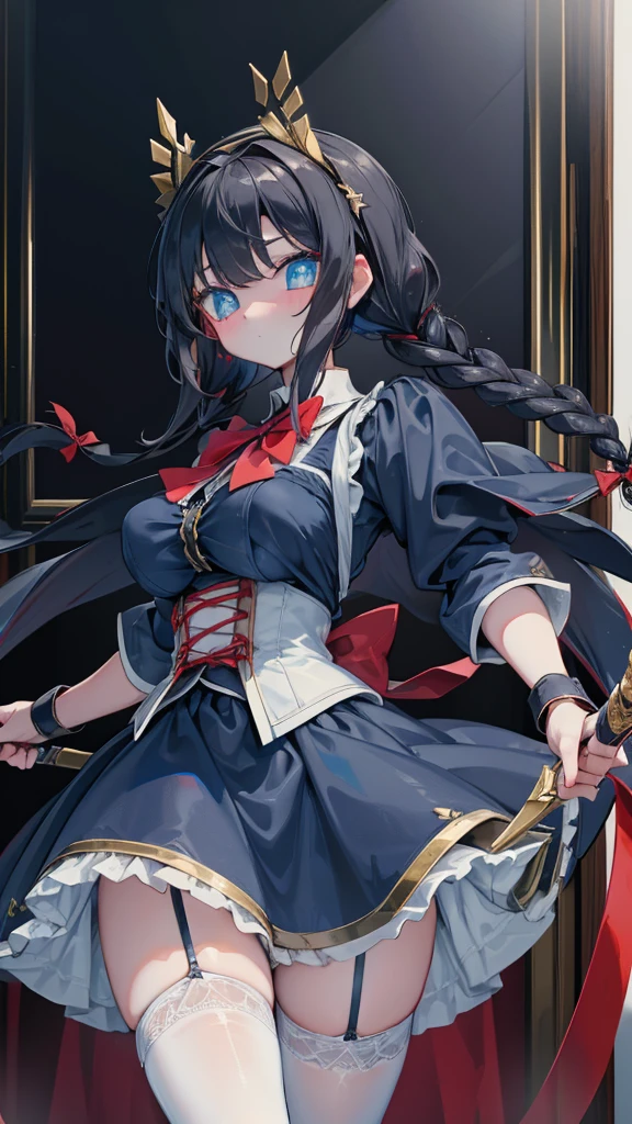 Black-haired girl，Indifferent girl，Golden pupils，Black long hair，braid，braid，脑后braid，Lolita skirt，Blue Lolita Dress，Lolita style，Blue Skirt，Blue Skirt，Blue Skirt，Blue Skirt，蓝白Lolita skirt，Blue Dress，Blue Dress，Red bow tie，Red bow tie，Red bow tie，Red bow tie，Red bow tie，单条braid，单条braid，短braid，Repressive style，Garter stockings，Garter stockings，Garter stockings，Big breasts，Great Sword，手持Great Sword，手持Great Sword，Great Sword