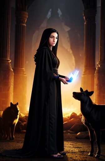 A powerful young female mage, dressed in fantasy black robes, speaking to animals, portrait style picture, full body, attractive 
