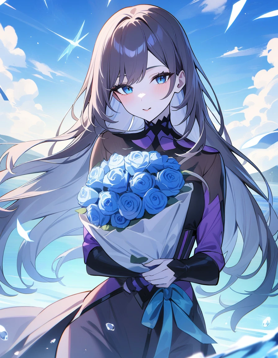1girl, female focus, black swan clothes, gracious pose, mysterious air,, holding a bouquet, on the lake, pale skin, blue icy eyes, small eyes, soft makeup, masterpiece, best quality, very aesthetic, absurdres