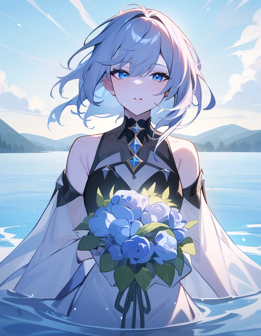 1girl, female focus, black swan clothes, gracious pose, mysterious air,, holding a bouquet, on the lake, pale skin, blue icy eyes, small eyes, soft makeup, masterpiece, best quality, very aesthetic, absurdres