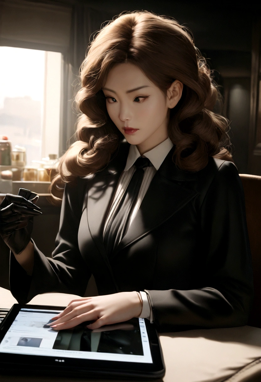 luxury faceless woman with light brown skin, curly hair, on the cellphone using a tablet computer in a room, working,  still from a live action movie, park shin hye as a super villain, full device, using a magical tablet, iu lee ji-eun as a super villain, profile pose, [ realistic photo ]!!, shin min jeong, serious business, lazy, elegant look