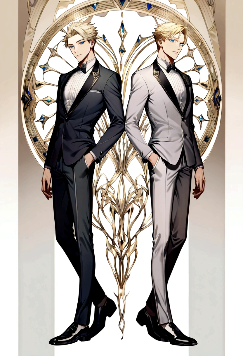 Man in gray suit with white shirt, long short blond hair, and blue eyes, attractive male, handsome male, handsome young man, handsome and attractive, blonde and attractive features, attractive man, attractive young man, bold _ hairstyle, blond man, slim man with light tanned skin, Young man with long length, black shoes, 8k