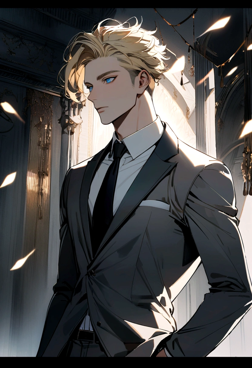 Man in gray suit with white shirt, long short blond hair, and blue eyes, attractive male, handsome male, handsome young man, handsome and attractive, blonde and attractive features, attractive man, attractive young man, bold _ hairstyle, blond man, slim man with light tanned skin, Young man with long length, black shoes, 8k