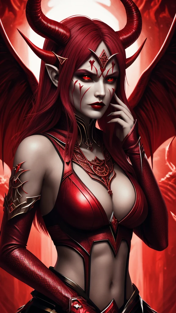 DonM4lph4,   lilith, embodiment of evil, cunning and charismatic, red skin, devil horns, fantasy ,   