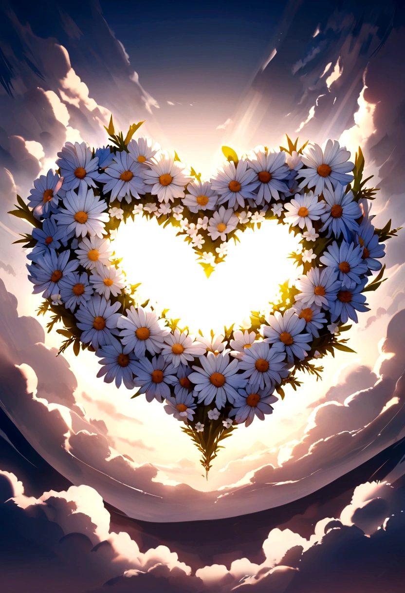 Create several white and blue daisies intertwined to a heart 