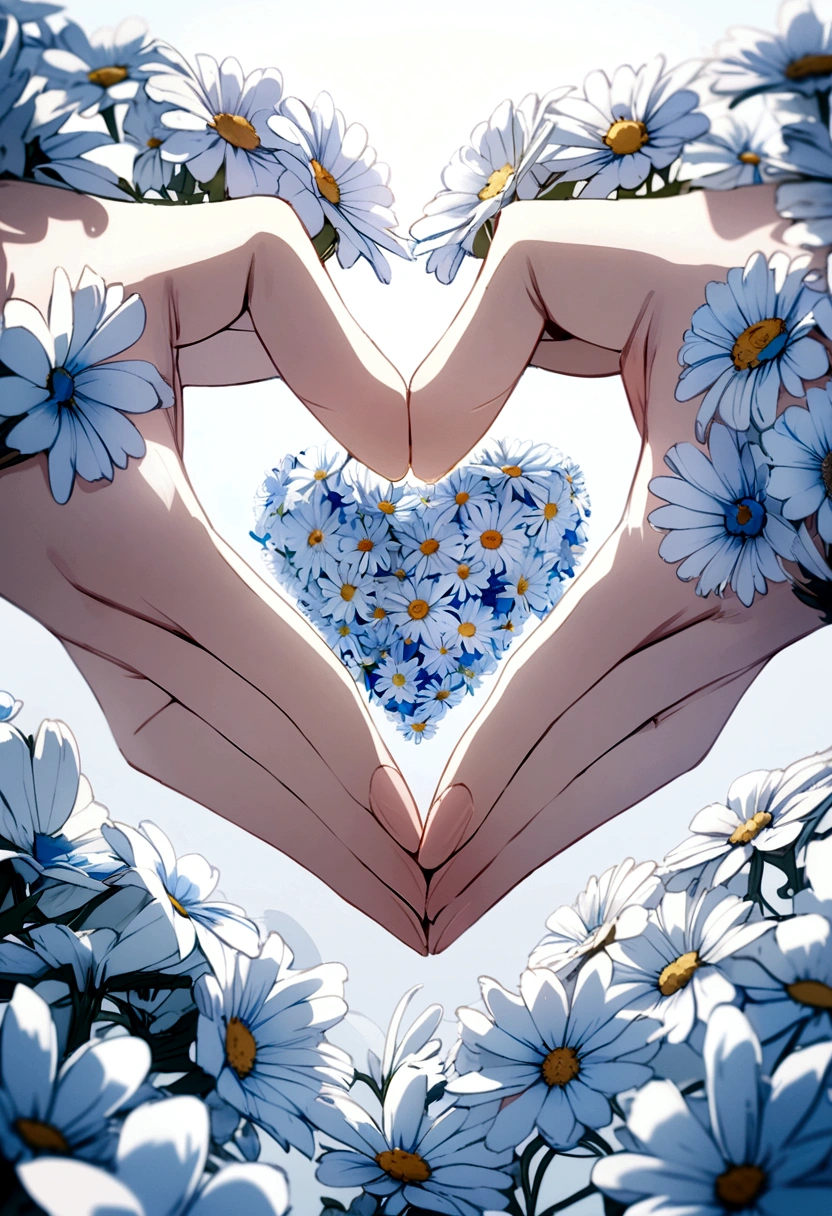 Create several white and blue daisies intertwined to a heart 
