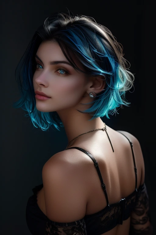 Kate, short Cabelo preto with blue highlights, olhando para o espectador, Olhos de cor azul, corpo perfeito, sensual, cybernetic, cabelo curto, em uma área militar. 1 garota, Sensual, alta qualidade, Mostrando a bunda, ultra detalhado, hair behind ear, short hair, black hair, streaked hair, blue hair, sigh, aqua eyes, flower on head, bead necklace, Hyperrealism, cinematic lighting, cowboy shot, from below, from behind, accurate, masterpiece, anatomically correct, textured skin, super detail, highres, 8k