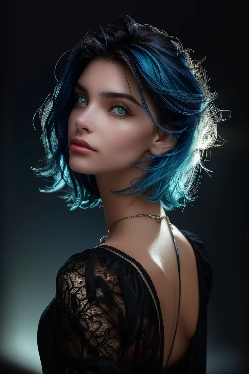 Kate, short Cabelo preto with blue highlights, olhando para o espectador, Olhos de cor azul, corpo perfeito, sensual, cybernetic, cabelo curto, em uma área militar. 1 garota, Sensual, alta qualidade, Mostrando a bunda, ultra detalhado, hair behind ear, short hair, black hair, streaked hair, blue hair, sigh, aqua eyes, flower on head, bead necklace, Hyperrealism, cinematic lighting, cowboy shot, from below, from behind, accurate, masterpiece, anatomically correct, textured skin, super detail, highres, 8k