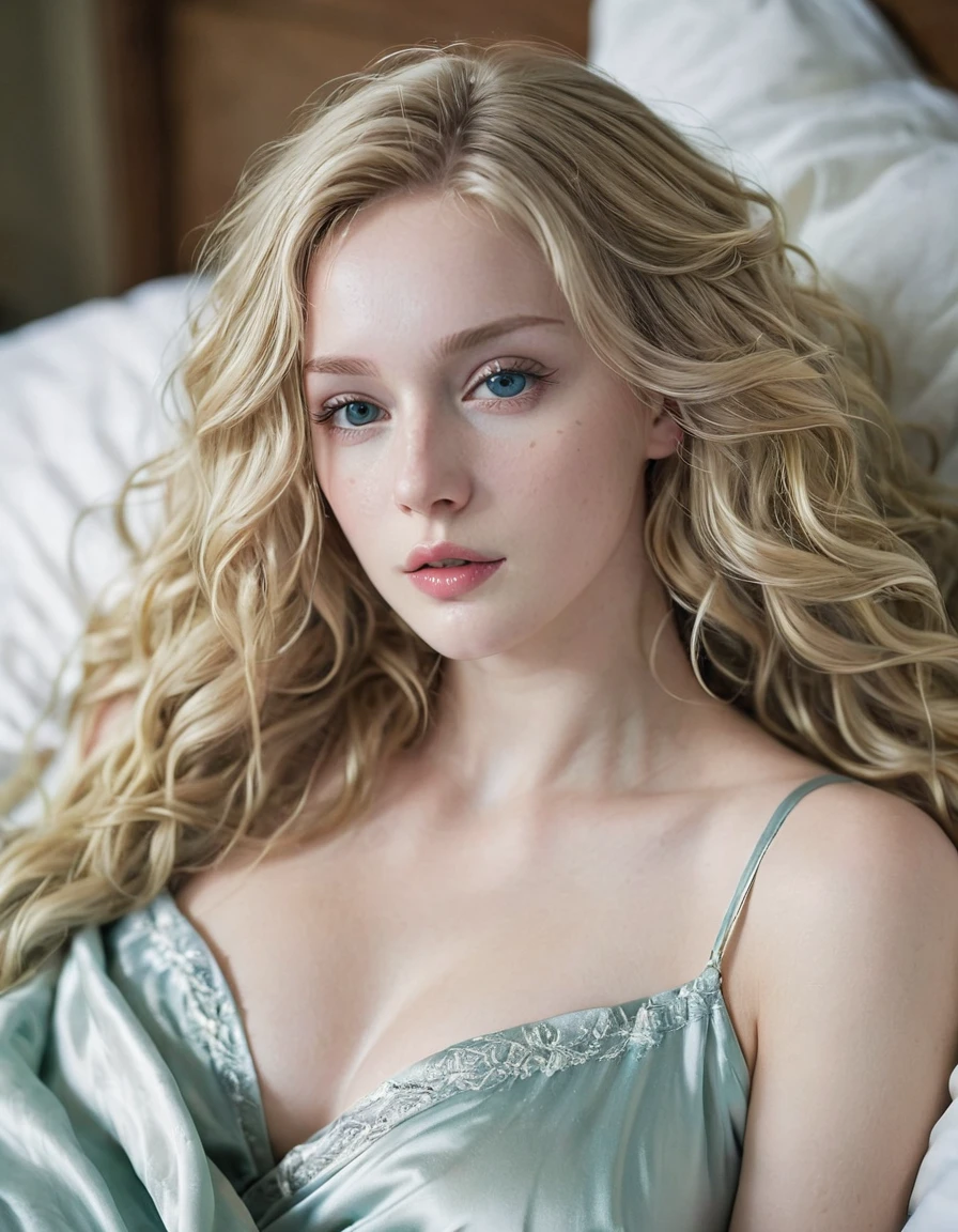 Blonde girl, alone, (Age 25:1.3), Beautiful woman, (Blonde super long wavy hair:1.3), Detailed face:1.2), ((Detailed face features:1.3)), Delicate skin, Pale skin, chest, ((Portraiture:1.3)), Wrapped in silk cloth, Bedroom environment, (Lying in bed:1.3), (Cool color scheme:1.2), Wet, Fascinating, tired, Reflective surface, (Now:1.3), (High resolution:1.3), ((Realistic:1.4)), masterpiece, Actual details, Shallow depth of field,