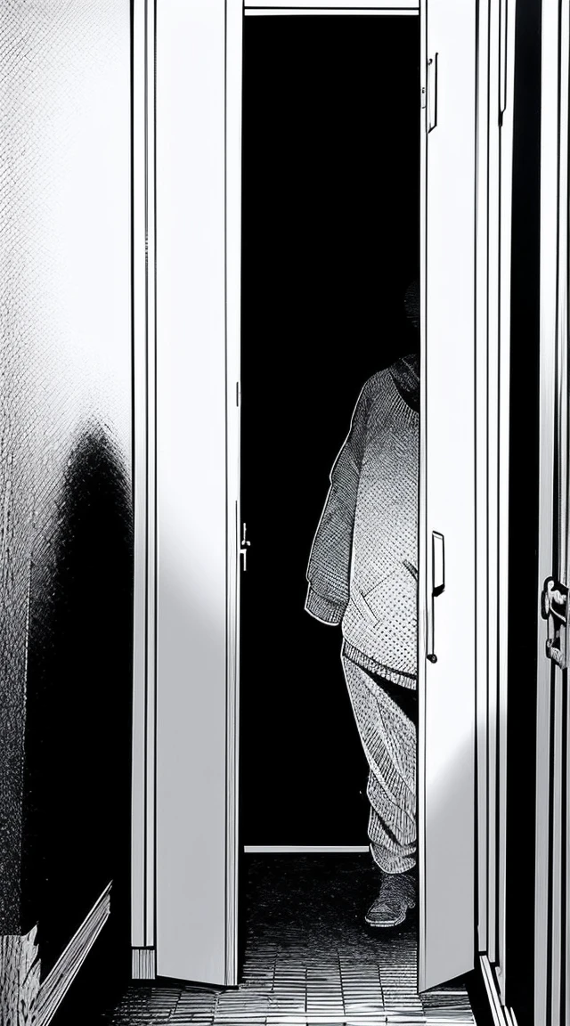 Create a black and white book cover of a shadow of a man hiding behind a closet horror thriller style