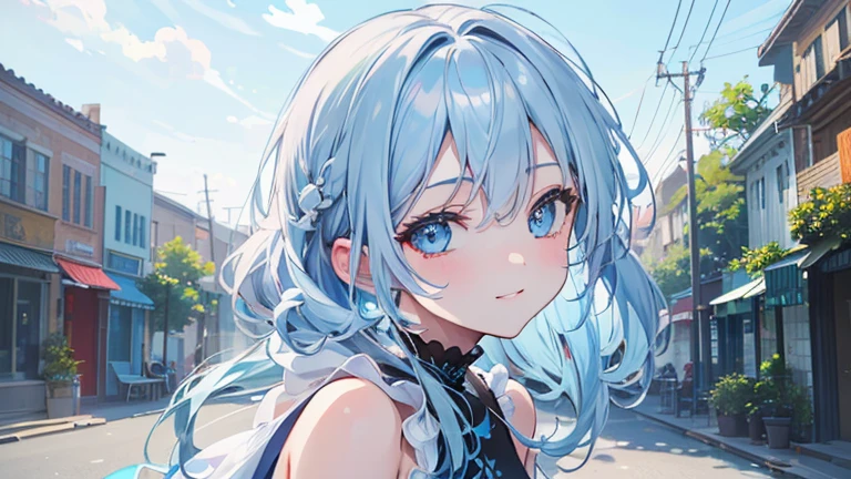 (best quality,4K,high resolution,Extremely detailed,Practical:1.2),,Light blue hair, beautiful blue eyes,Beautiful lips, friendly smile,Go out and play