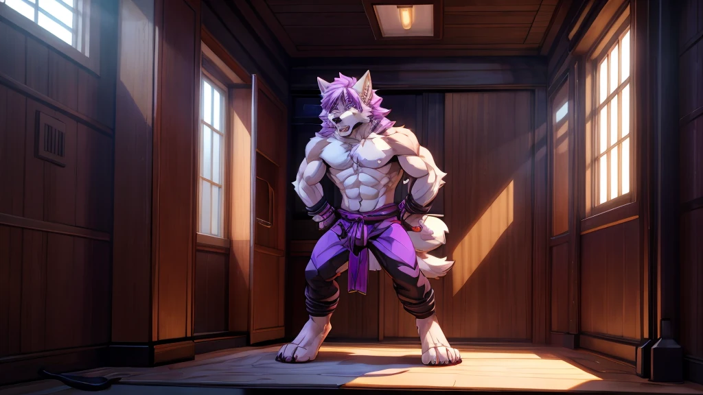 (best quality,4K,8K,highres,masterpiece:1.2),ultra-detailed,sexy furry Wolf boy with well toned abs,wolf snout, wolf ears,Wolf tail,cyberpunk samurai,purple highlights in hair,black hair,punk hairstyle,action pose with katana,sharp focus,professional,vivid colors,studio lighting,dark atmosphere,lit by moonlight,glowing green eyes,expressive,sexy samurai armor,dynamic movement,mysterious background scenery,sinuous motion,intense fight scene with flying cherry blossoms,(Huge penis,Crying face,Face contorted in pain,Semen dripping from penis,profuse sweat and drool,,Well-trained muscles like a bodybuilder,Erect penis),