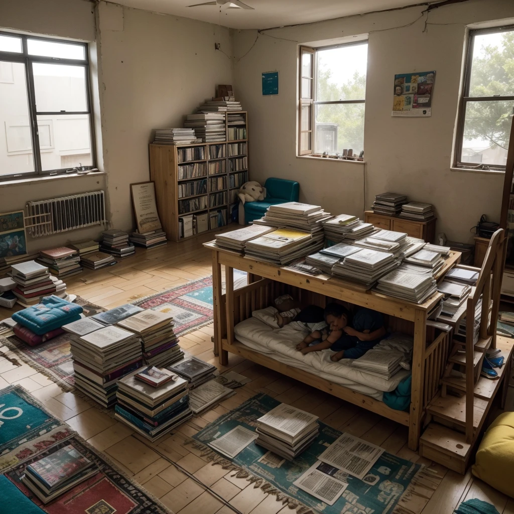  In the living room, a group of black children gather around a makeshift fort. The fort is built with books, newspapers and magazines stacked neatly. The yellowed pages and colorful covers form the walls of the shelter. Sunlight comes in through the windows, creating magical patterns on the floor.

Children laugh and chat excitedly as they settle inside the fort. A soft rug, with its vibrant colors and smooth texture, is scattered on the floor, providing a cozy space for them to play. The air is filled with the smell of old paper and adventure.

It&#39;s a time of imagination and fun, where these children explore worlds within the pages and create their own stories.